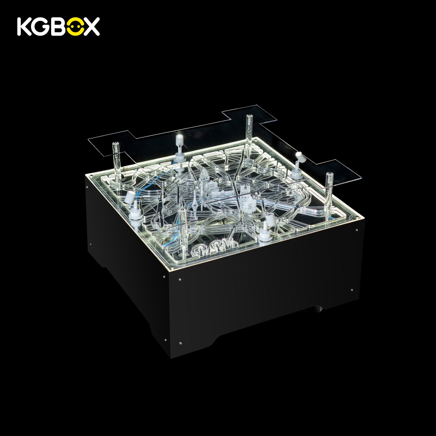 Empty movable KGBOX LED stand custom sized for LEGO 10307 Eiffel Tower, glowing laser engraved Paris city map acrylic panel
