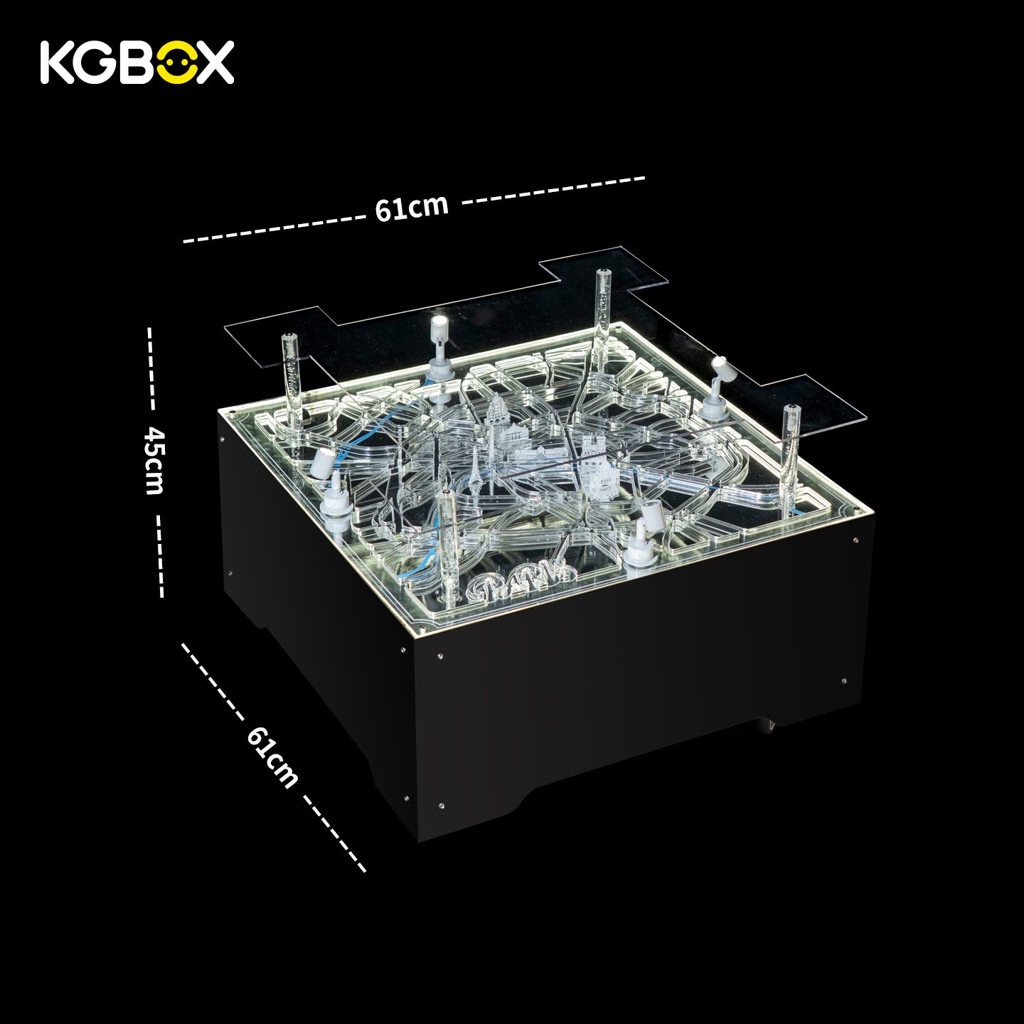 Official dimension size chart of KGBOX Paris city LED display base compatible with LEGO 10307 Eiffel Tower