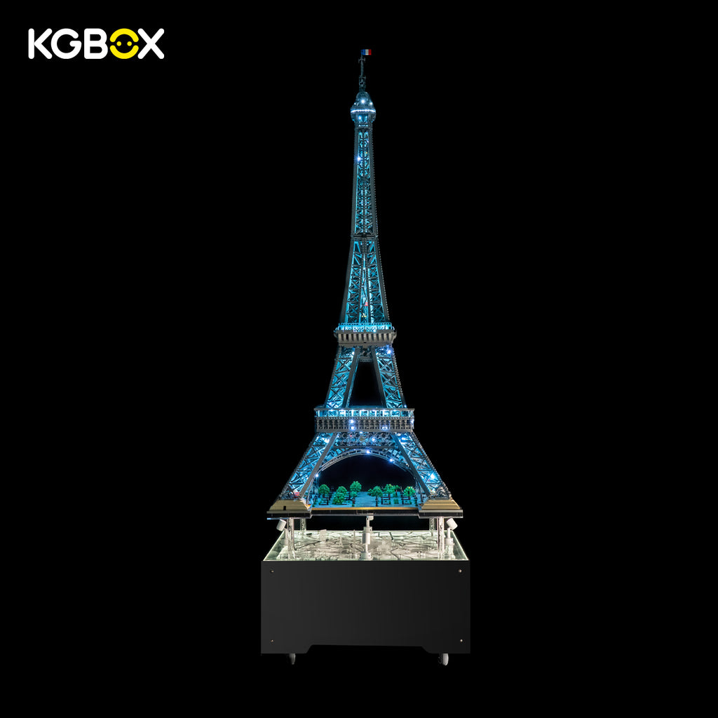Complete display scene: LEGO 10307 Eiffel Tower placed on glowing KGBOX Paris engraved movable LED base