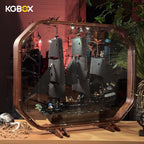 KGBOX original one‑piece solid wood display case with spotlights, fitted with LEGO 10365 Captain Jack Sparrow's Pirate Ship, front view