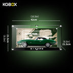 Official dimension size chart for tabletop LED multi-sided UV printed acrylic display case fitting LEGO 11381 Jaguar E-Type classic sports car, full length width height measurements