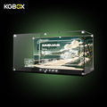 Empty tabletop multi-sided UV printed 3mm acrylic display case custom-sized for LEGO 11381 Jaguar E-Type classic British vintage sports car, equipped with laser engraved light panel and engraved Jaguar nameplate
