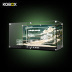 Empty tabletop multi-sided UV printed 3mm acrylic display case custom-sized for LEGO 11381 Jaguar E-Type classic British vintage sports car, equipped with laser engraved light panel and engraved Jaguar nameplate