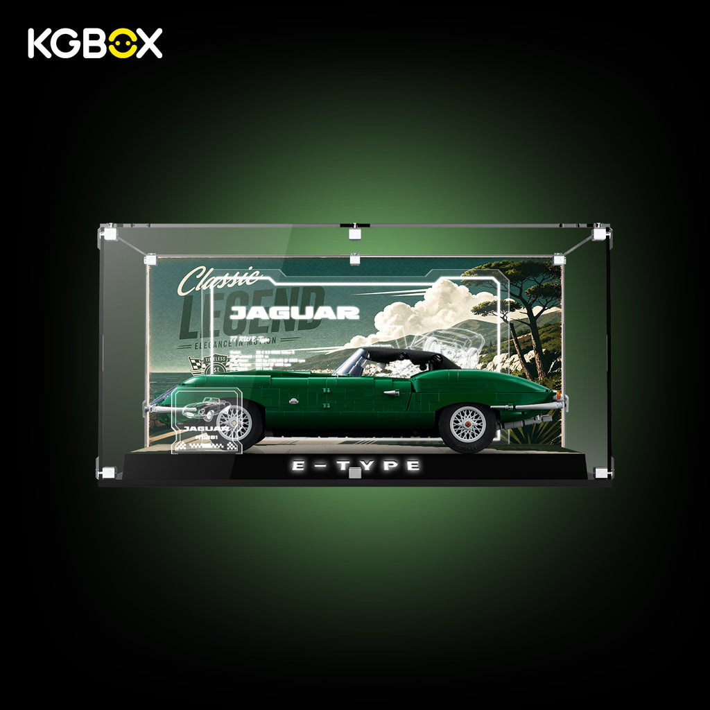 KGBOX tabletop LED acrylic display case for LEGO 11381 Jaguar E-Type classic sports car, 3mm anti-yellow acrylic, full multi-sided UV printing, laser engraved light panel & engraved nameplate, built-in LED strips, vintage Jaguar UV backplate