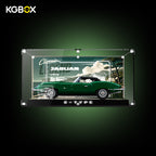 KGBOX tabletop LED acrylic display case for LEGO 11381 Jaguar E-Type classic sports car, 3mm anti-yellow acrylic, full multi-sided UV printing, laser engraved light panel & engraved nameplate, built-in LED strips, vintage Jaguar UV backplate