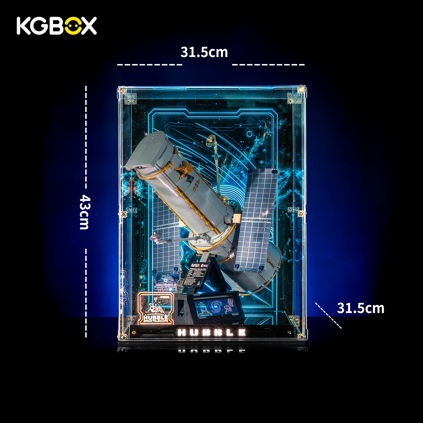 Official dimension size chart of KGBOX LED collector display case for LEGO 11382 Hubble Space Telescope