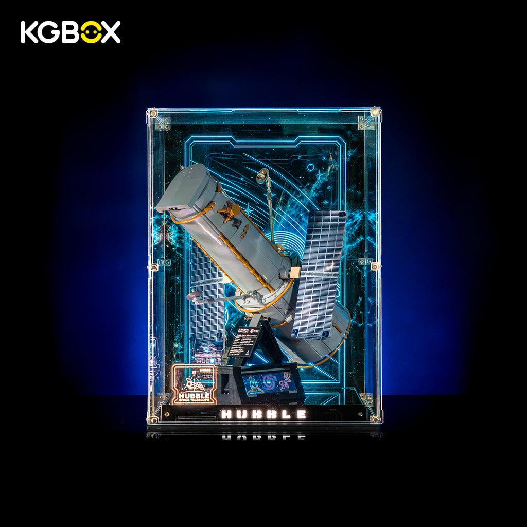KGBOX Collector Edition LED display case with LEGO 11382 Hubble Space Telescope, front view, laser engraved panel and engraved nameplate
