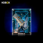 KGBOX Collector Edition LED display case with LEGO 11382 Hubble Space Telescope, front view, laser engraved panel and engraved nameplate