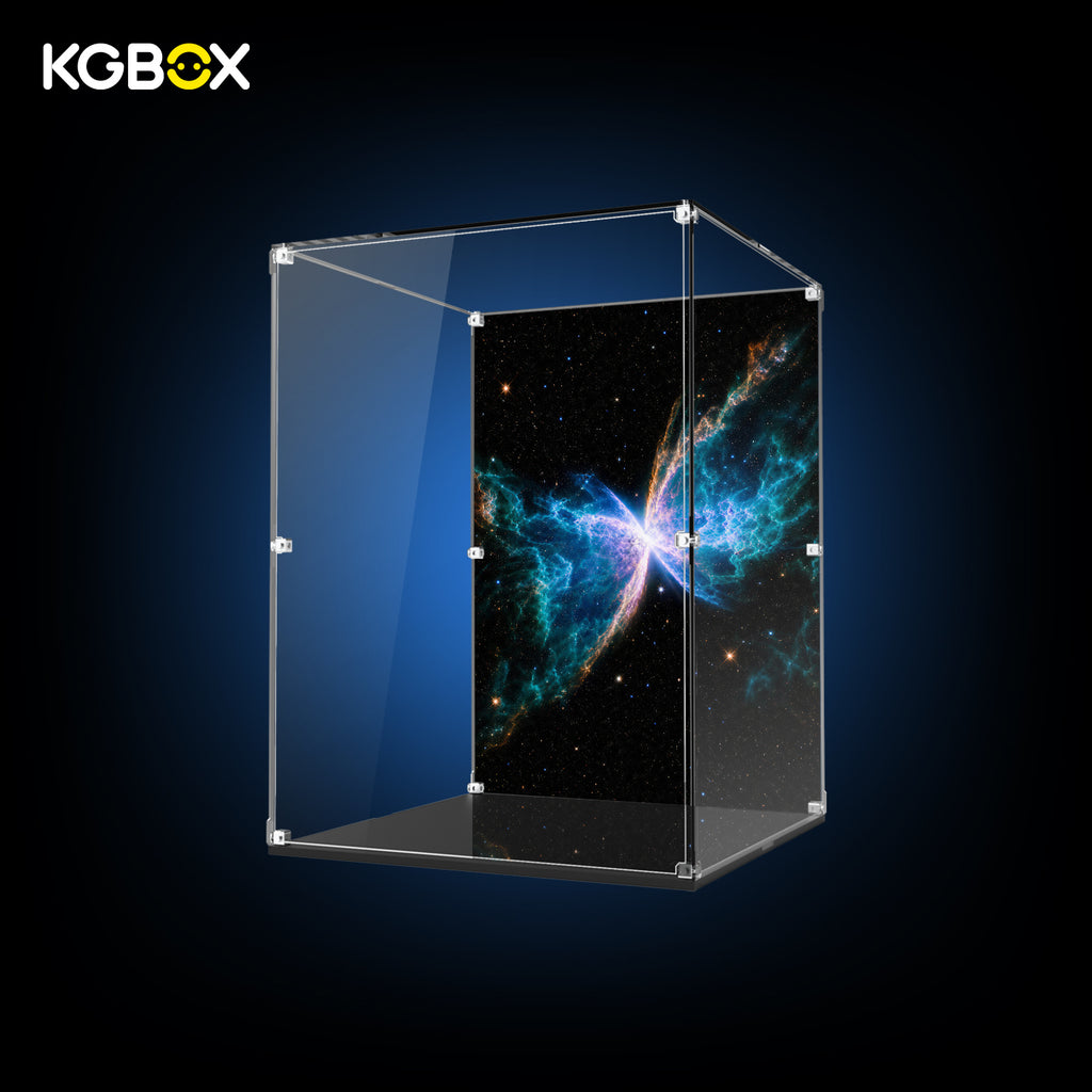 Empty KGBOX acrylic display case custom sized for LEGO 11382 Hubble Space Telescope, side view