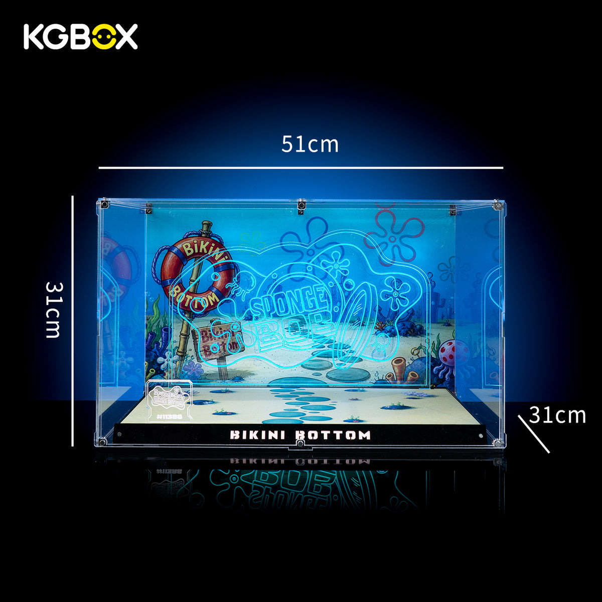 Dimension chart for KGBOX Premium Collector Assembly‑Kit display case for LEGO 11386 SpongeBob SquarePants: Bikini Bottom, size specification diagram