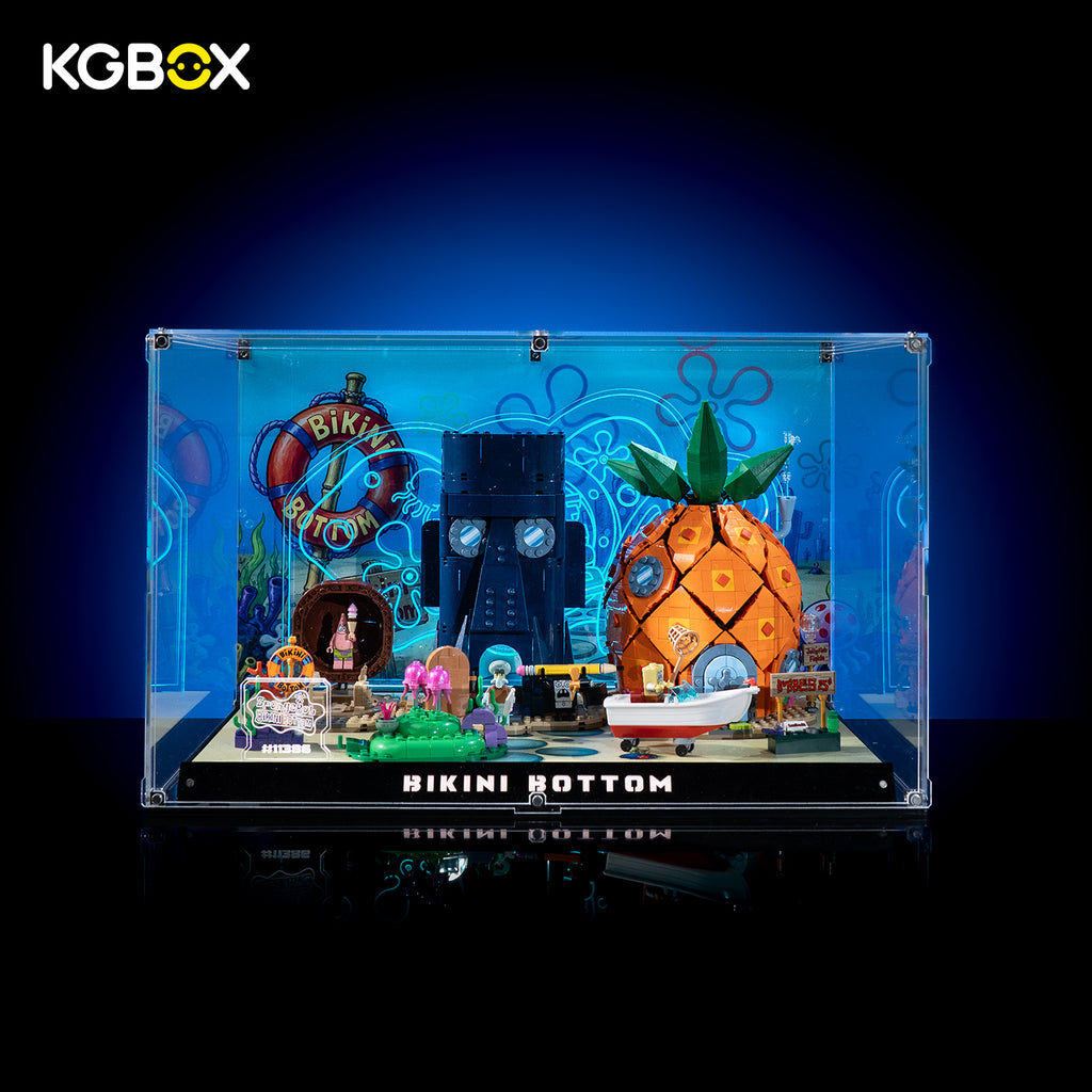 KGBOX Premium Collector Assembly‑Kit display case for LEGO 11386 SpongeBob SquarePants: Bikini Bottom, built‑in LED light, engraved nameplate, laser‑etched insert