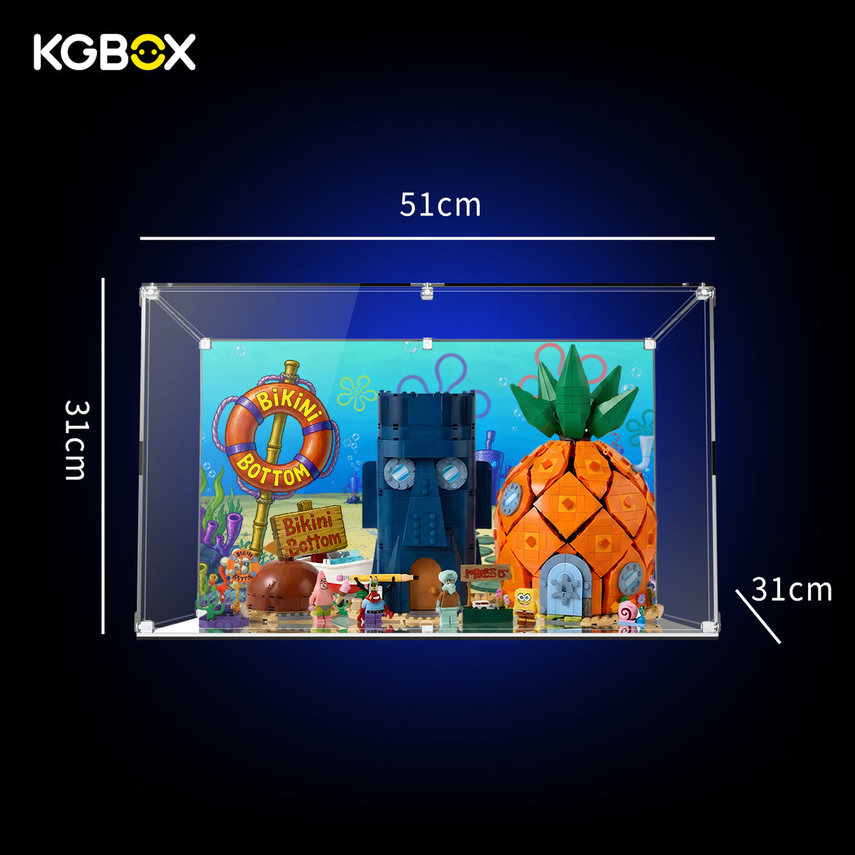 Dimension chart for KGBOX Standard Assembly‑Kit display case for LEGO 11386 SpongeBob SquarePants: Bikini Bottom, size specification diagram