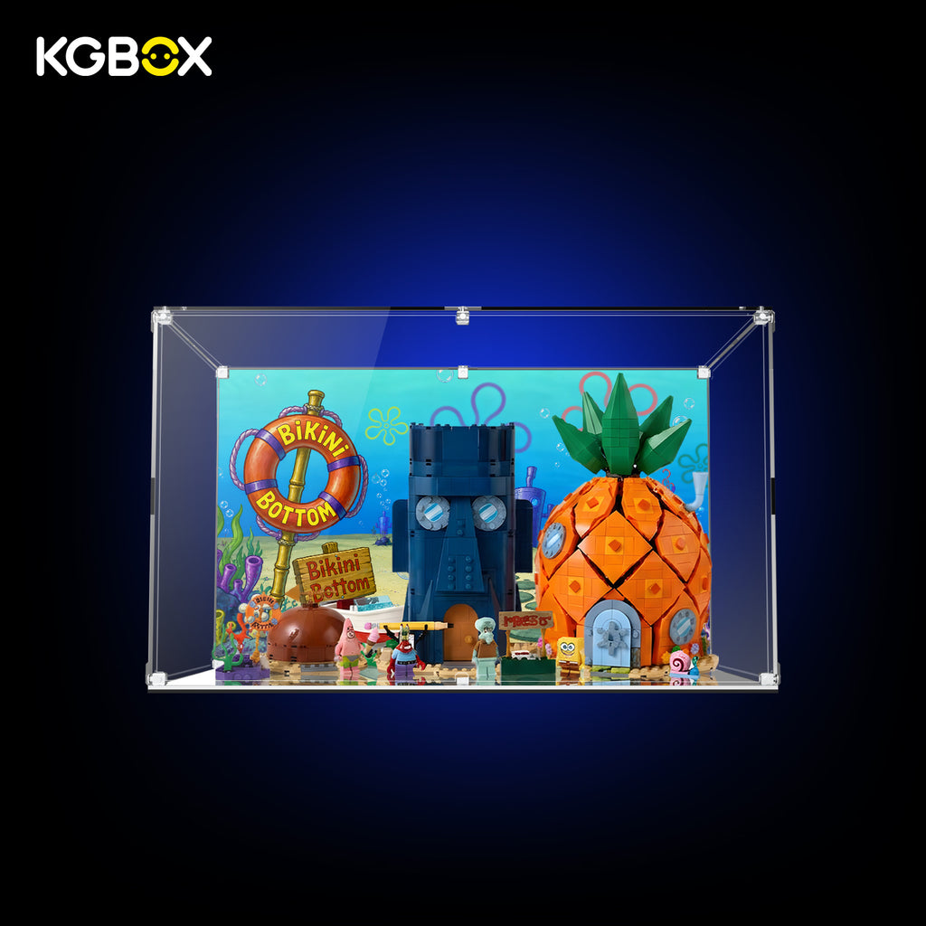 KGBOX Standard Assembly‑Kit display case for LEGO 11386 SpongeBob SquarePants: Bikini Bottom, UV‑backplate, mirror base, magnetic front  door