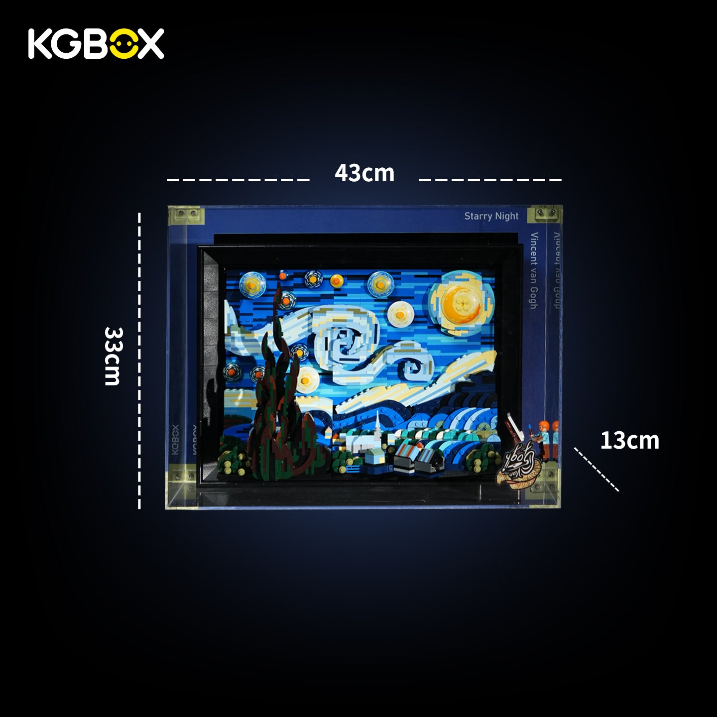 Dimension size chart for KGBOX display case compatible with LEGO 21333 Vincent van Gogh The Starry Night
