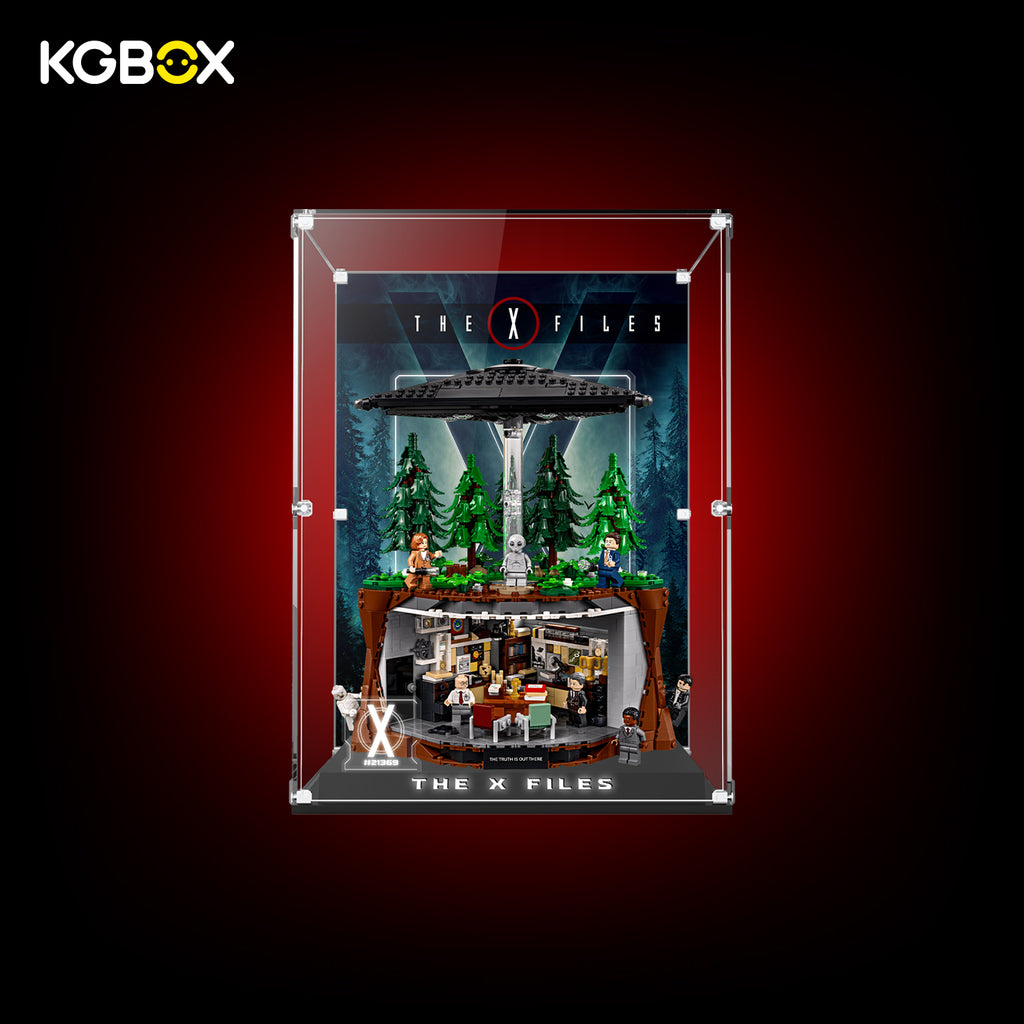 KGBOX collector edition display case with LED light for LEGO 21369 The X‑Files, engraved nameplate laser‑etched insert panel, lit‑up showcase