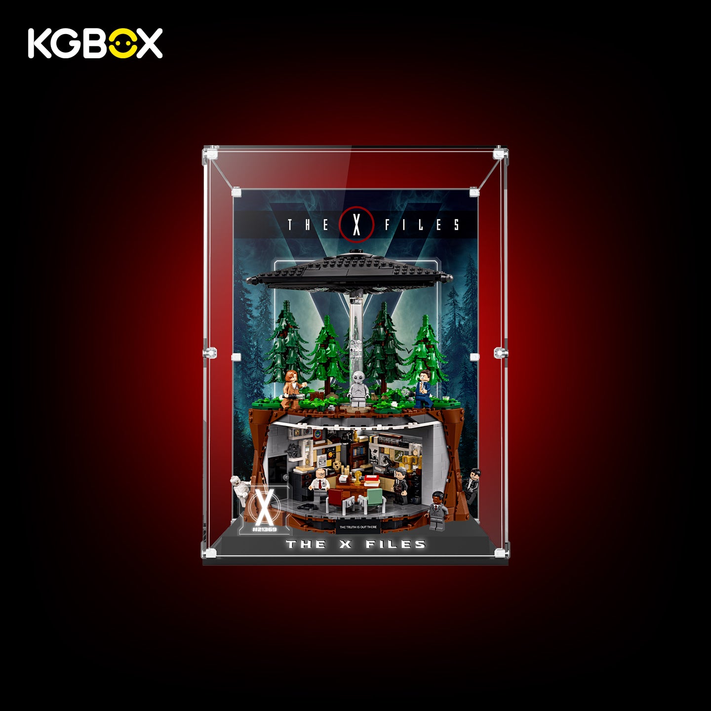 KGBOX collector edition display case with LED light for LEGO 21369 The X‑Files, engraved nameplate laser‑etched insert panel, lit‑up showcase