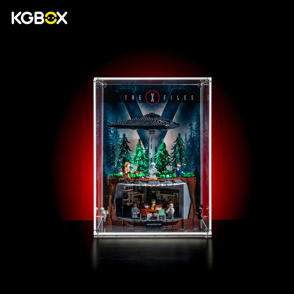 KGBOX reinforced display case border back‑light mode for LEGO 21369 The X‑Files, full frame glowing effect

