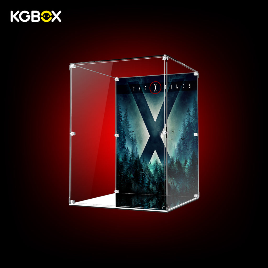 Empty KGBOX modular spliced standard acrylic display case for LEGO 21369 The X‑Files, side view, no model included