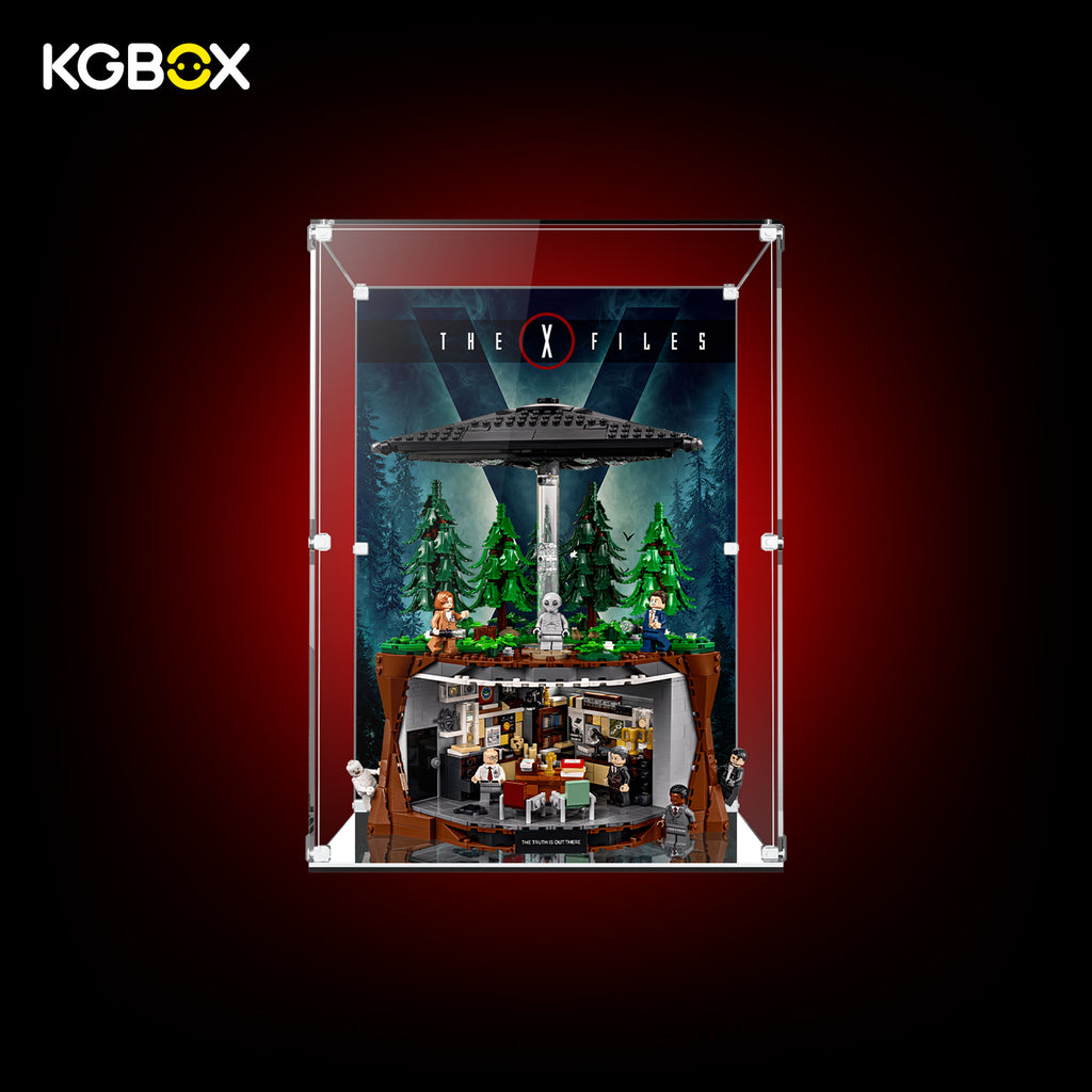 KGBOX modular spliced standard display case with LEGO 21369 The X‑Files model inside, front view, UV printed backplate magnetic door mirror bottom