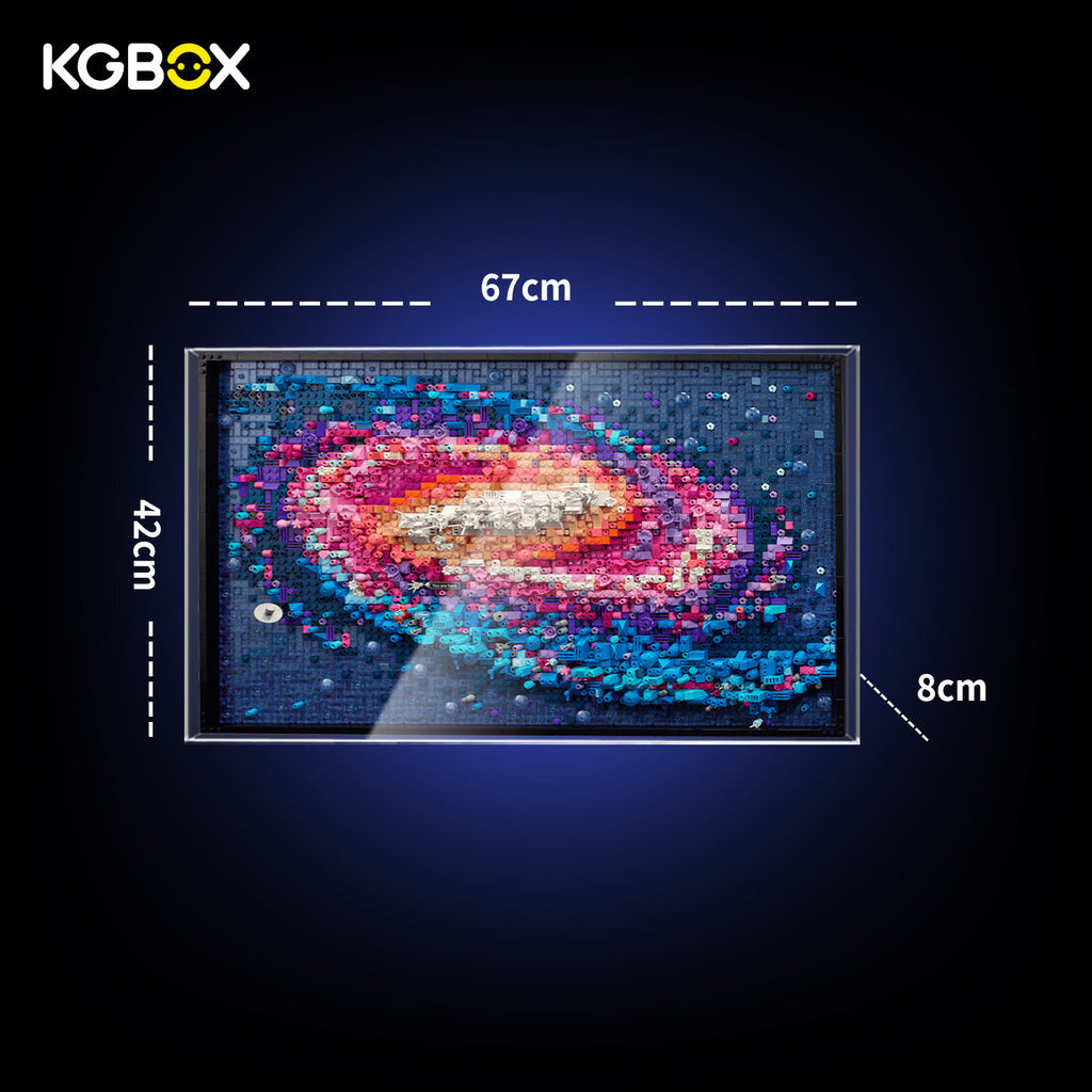 Official dimension size chart for KGBOX wall‑mount display frame fitting LEGO 31212 The Milky Way Galaxy, width height depth measurements