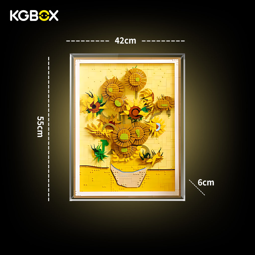 Dimension size chart for KGBOX display case compatible with LEGO 31215 Vincent van Gogh Sunflowers