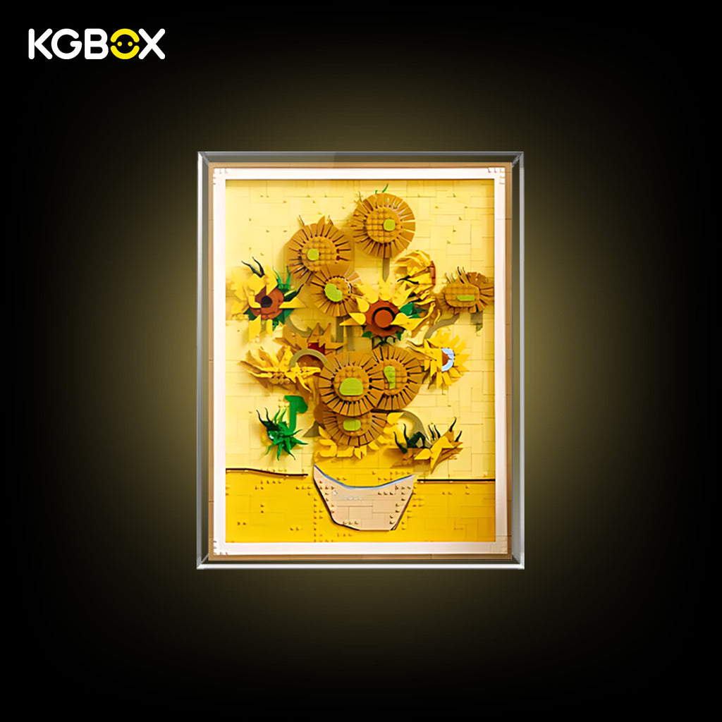 KGBOX one‑piece thickened display case for LEGO 31215 Vincent van Gogh Sunflowers, 5mm acrylic wall mount, simple transparent style