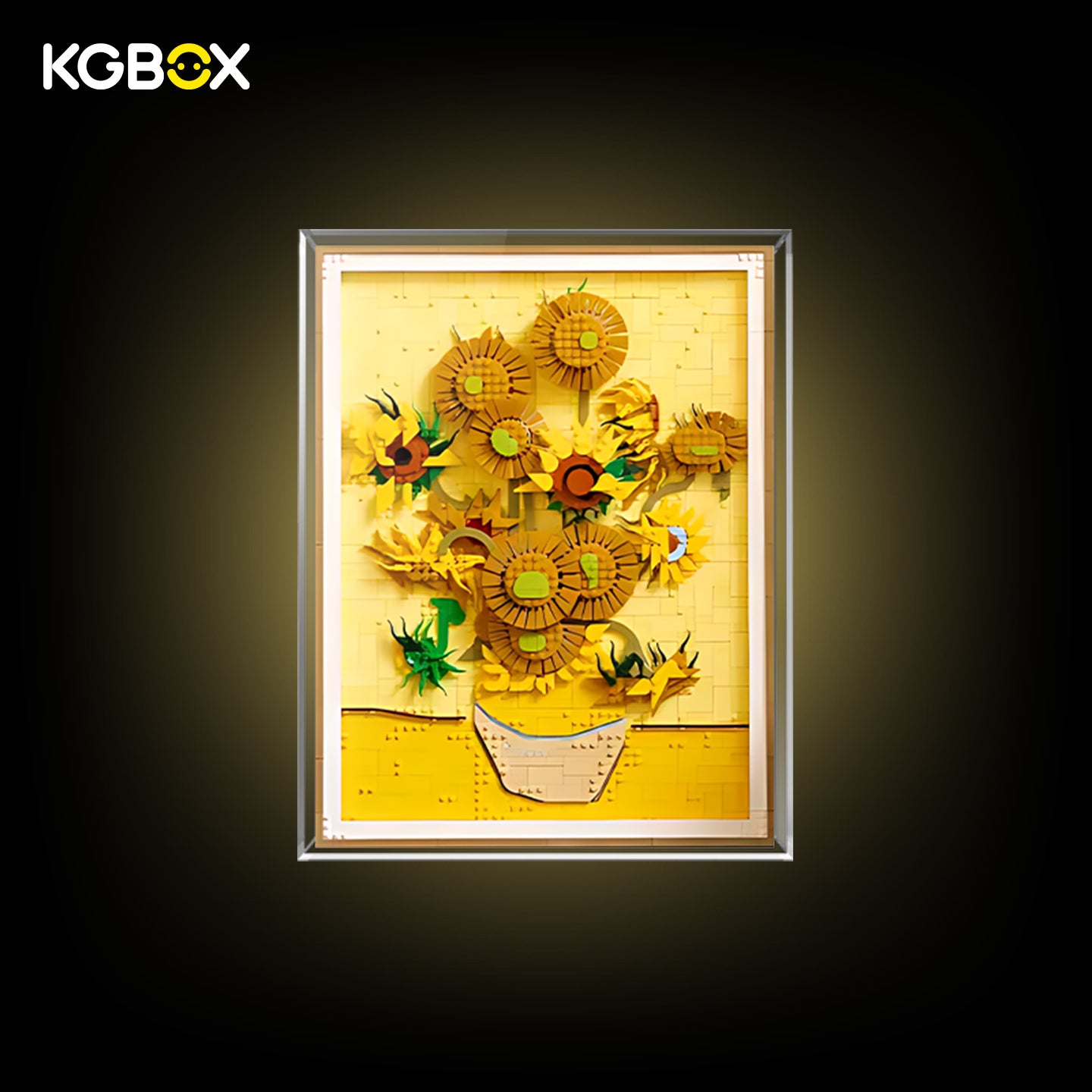 KGBOX one‑piece thickened display case for LEGO 31215 Vincent van Gogh Sunflowers, 5mm acrylic wall mount, simple transparent style