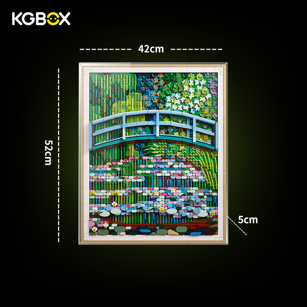 Dimension size chart for KGBOX display case compatible with LEGO 31220 Claude Monet Bridge over a Pond of Water Lilies