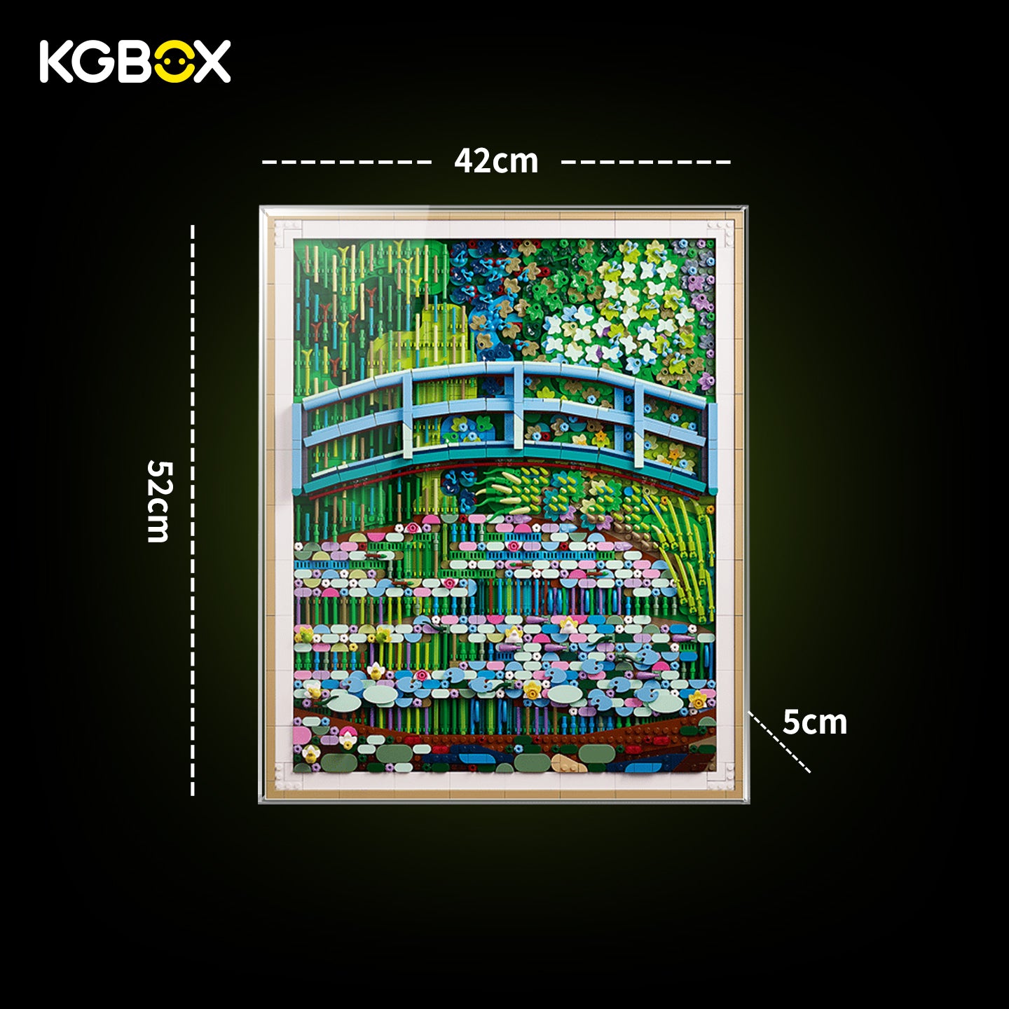 Dimension size chart for KGBOX display case compatible with LEGO 31220 Claude Monet Bridge over a Pond of Water Lilies