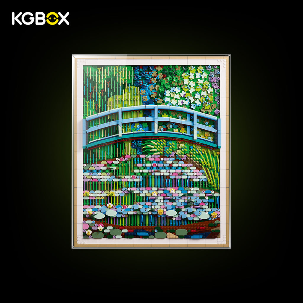 KGBOX one‑piece thickened display case for LEGO 31220 Claude Monet Bridge over a Pond of Water Lilies, 5mm acrylic wall mount, simple transparent style
