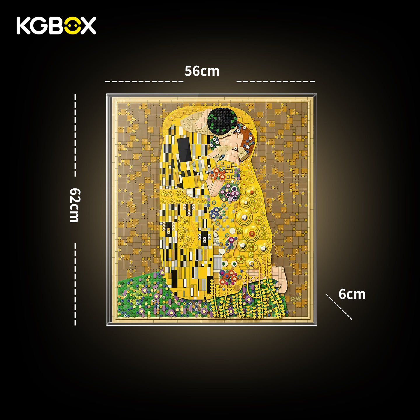 Dimension size chart for KGBOX display case compatible with LEGO 31221 Gustav Klimt The Kiss