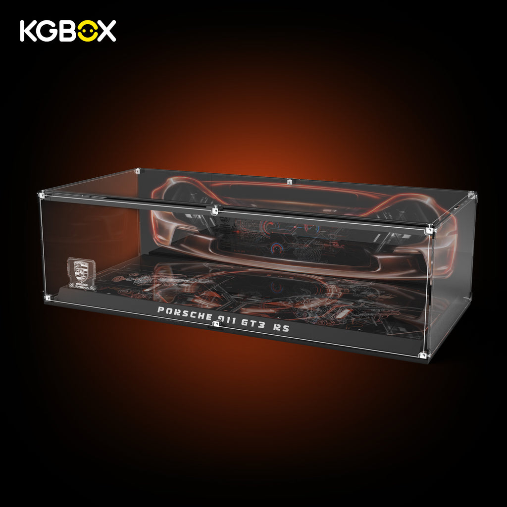 Empty collector‑grade modular spliced acrylic display case for LEGO 42056 Porsche 911 GT3 RS, showing LED light, engraved nameplate and laser‑etched decorative insert panel, no car model included