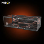 Empty collector‑grade modular spliced acrylic display case for LEGO 42056 Porsche 911 GT3 RS, showing LED light, engraved nameplate and laser‑etched decorative insert panel, no car model included