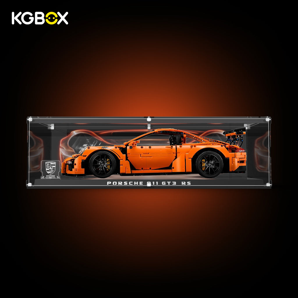 > Premium Collector modular spliced KGBOX acrylic display case with LEGO 42056 Porsche 911 GT3 RS, built‑in LED lighting, engraved nameplate and laser‑etched insert panel