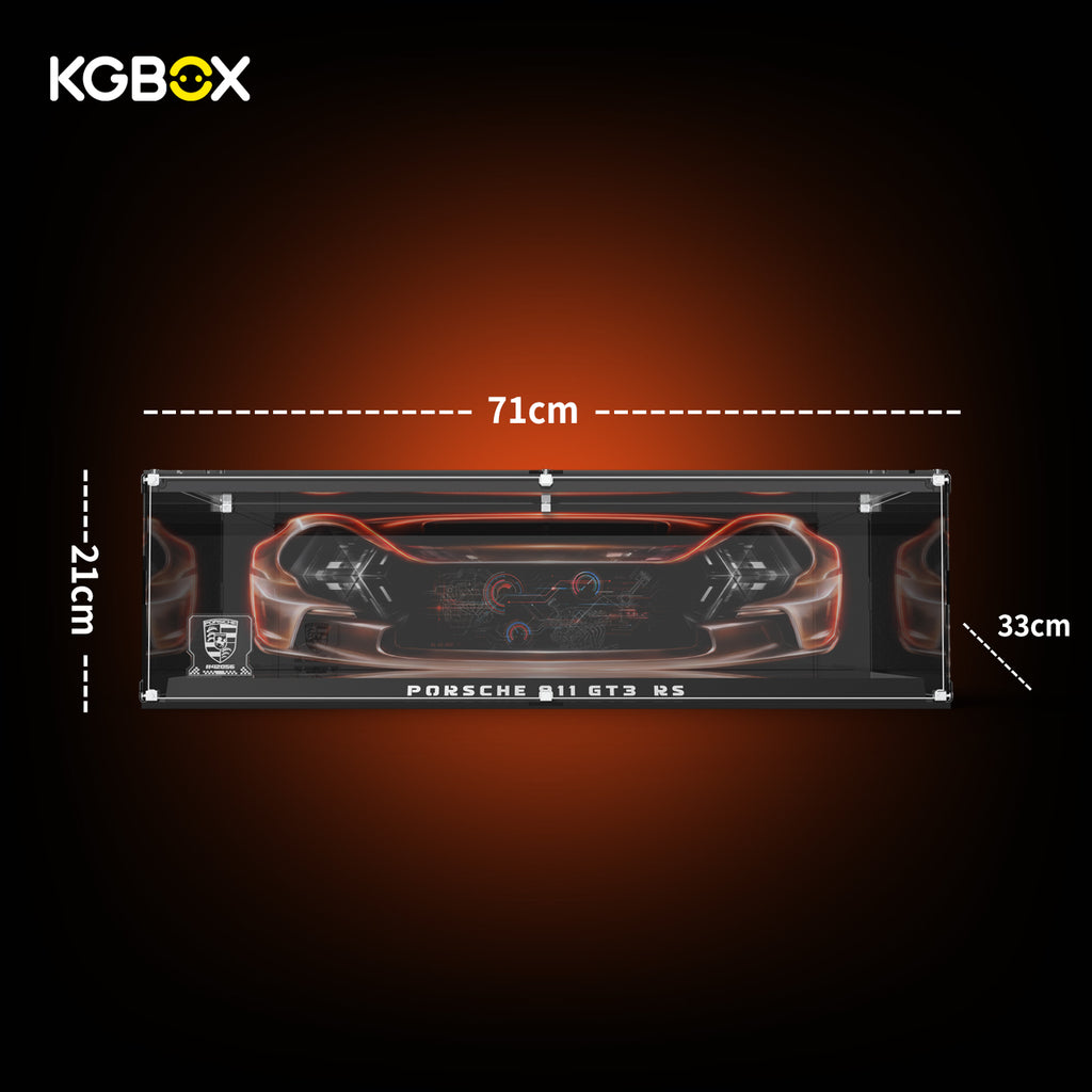 Official dimension size chart for KGBOX collector display case fitting LEGO 42056 Porsche 911 GT3 RS, full length width height measurements