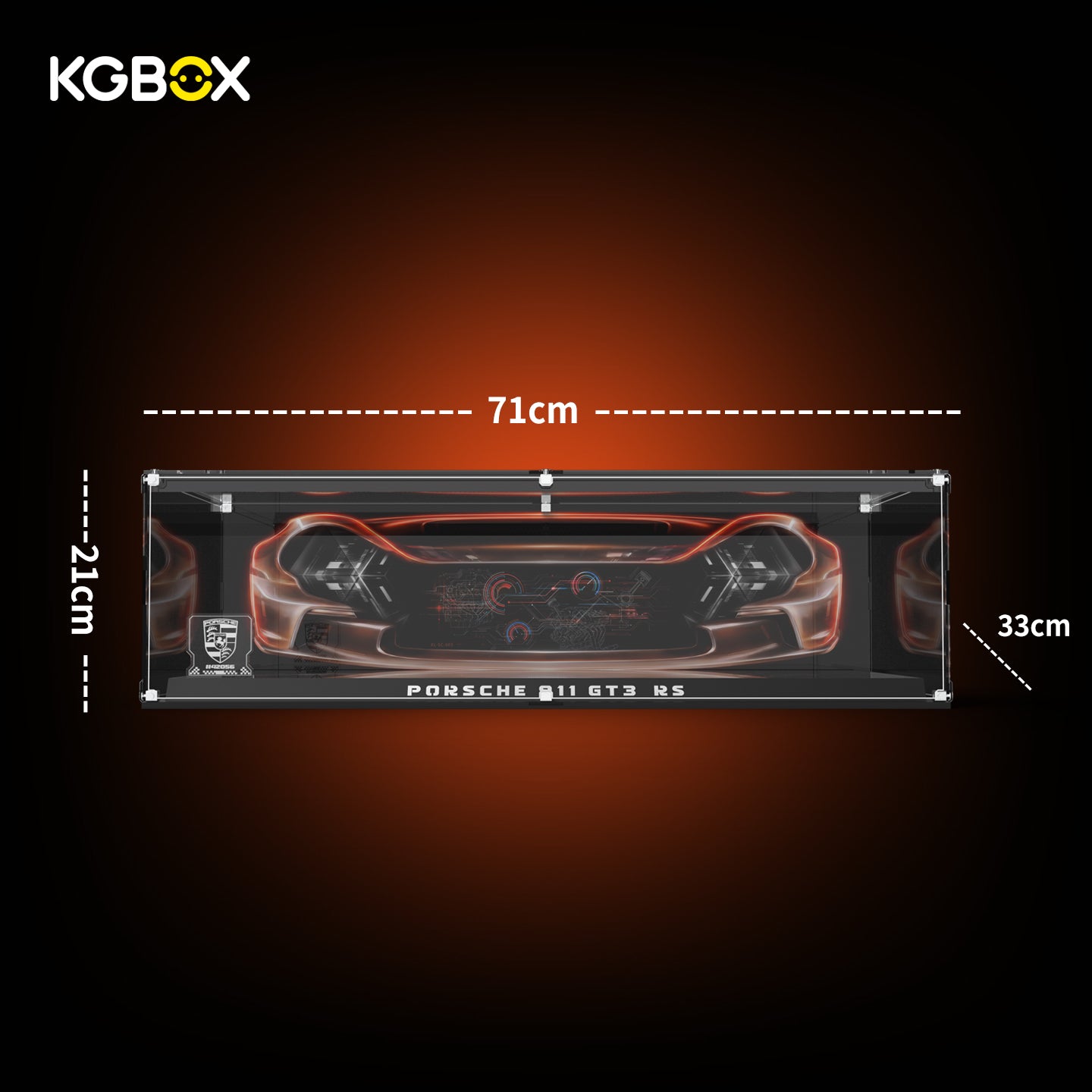 Official dimension size chart for KGBOX collector display case fitting LEGO 42056 Porsche 911 GT3 RS, full length width height measurements