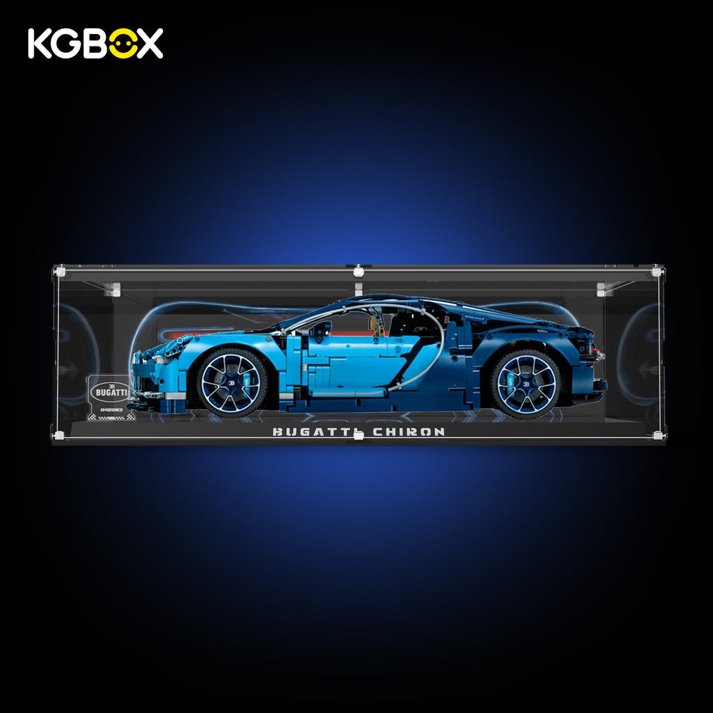 Premium Collector modular spliced KGBOX acrylic display case with LEGO 42083 Bugatti Chiron, built‑in LED lighting, engraved nameplate and laser‑etched insert panel