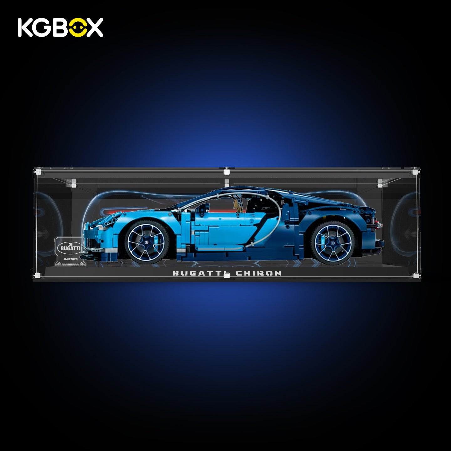 Premium Collector modular spliced KGBOX acrylic display case with LEGO 42083 Bugatti Chiron, built‑in LED lighting, engraved nameplate and laser‑etched insert panel