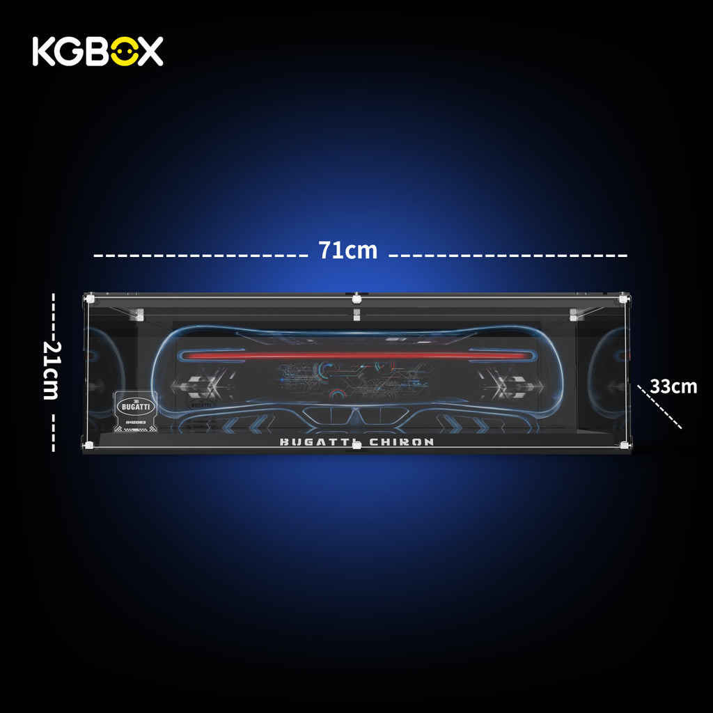 Official dimension size chart for KGBOX collector display case fitting LEGO 42083 Bugatti Chiron, full length width height measurements
