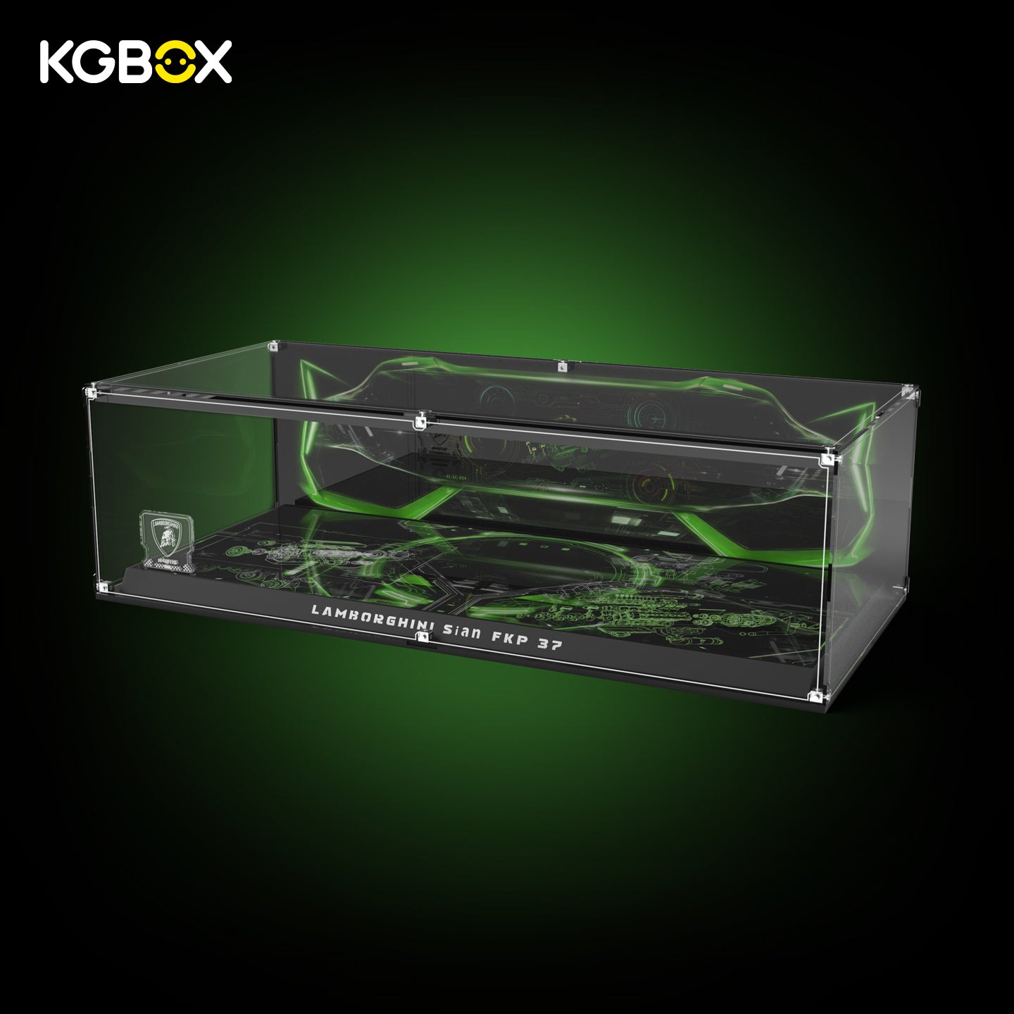 Empty collector‑grade modular spliced acrylic display case for LEGO 42115 Lamborghini Sián FKP 37, showing LED light, engraved nameplate and laser‑etched decorative insert panel, no car model included