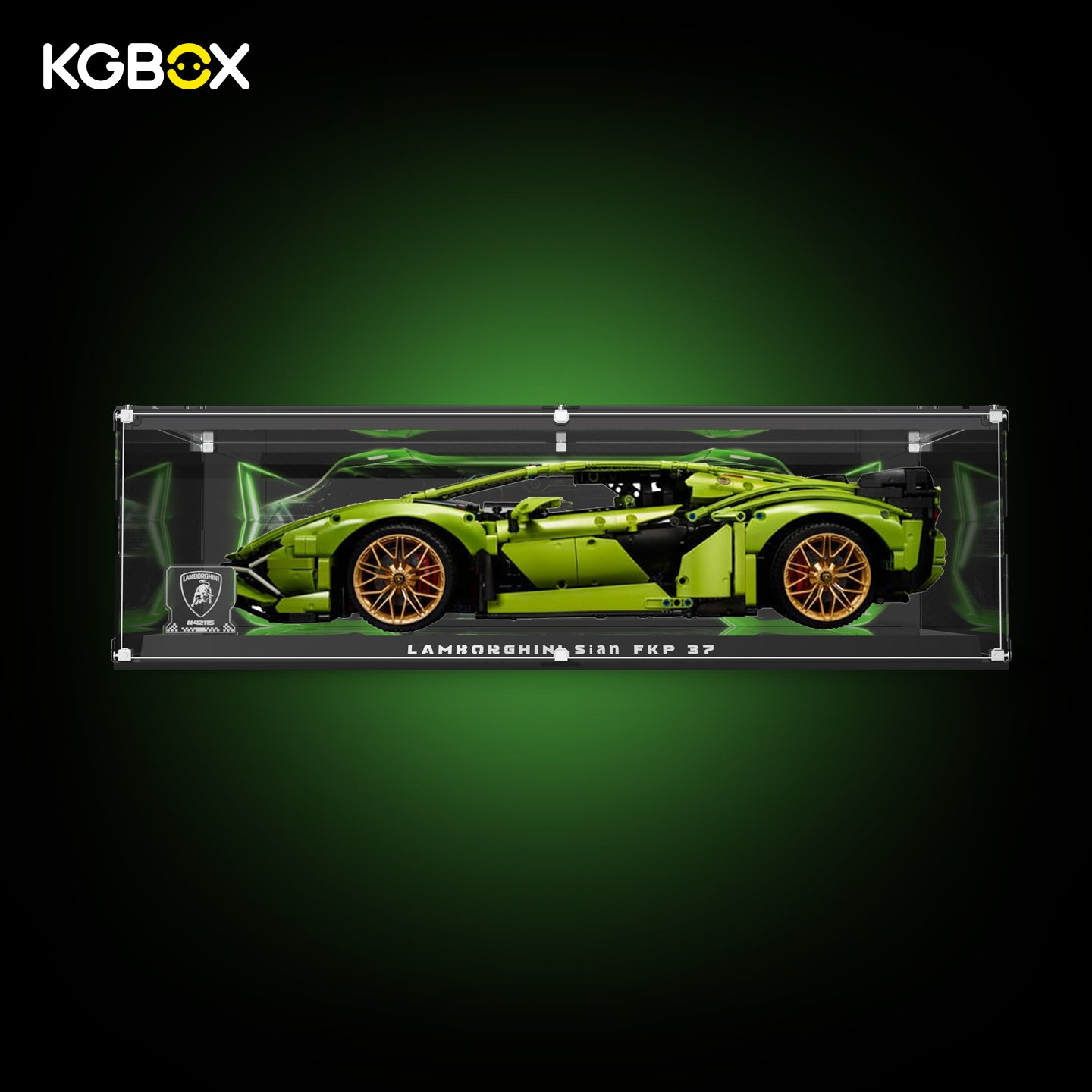 Premium Collector modular spliced KGBOX acrylic display case with LEGO 42115 Lamborghini Sián FKP 37, built‑in LED lighting, engraved nameplate and laser‑etched insert panel