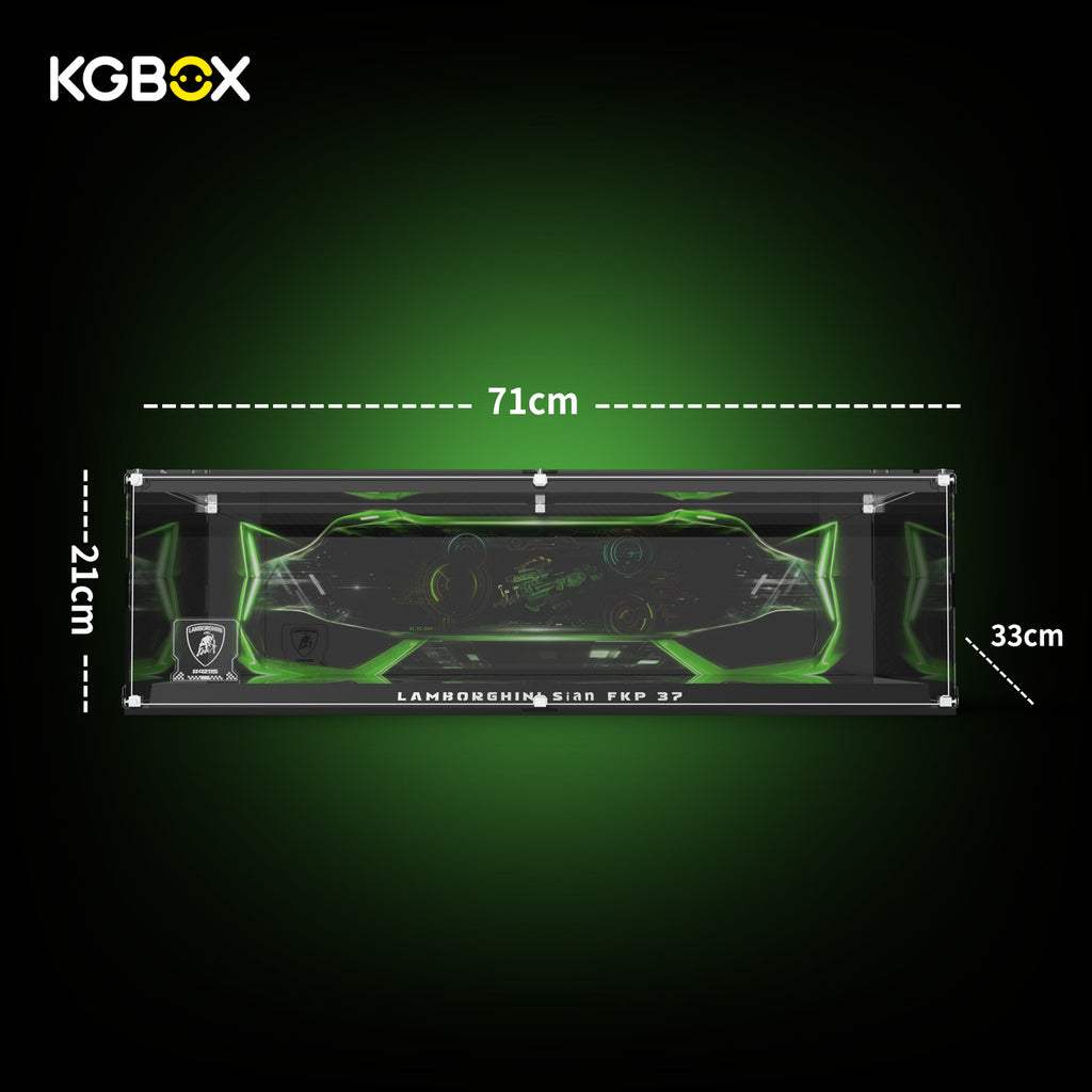 Official dimension size chart for KGBOX collector display case fitting LEGO 42115 Lamborghini Sián FKP 37, full length width height measurements