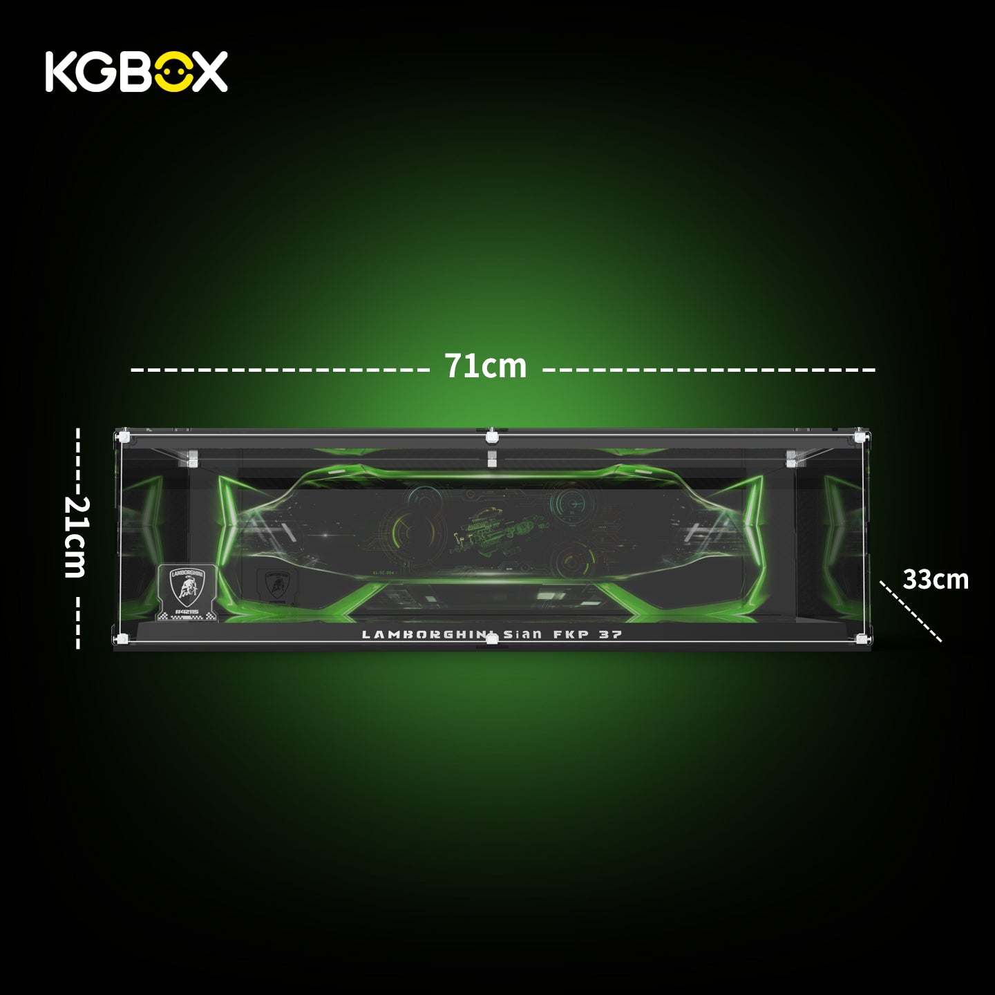 Official dimension size chart for KGBOX collector display case fitting LEGO 42115 Lamborghini Sián FKP 37, full length width height measurements