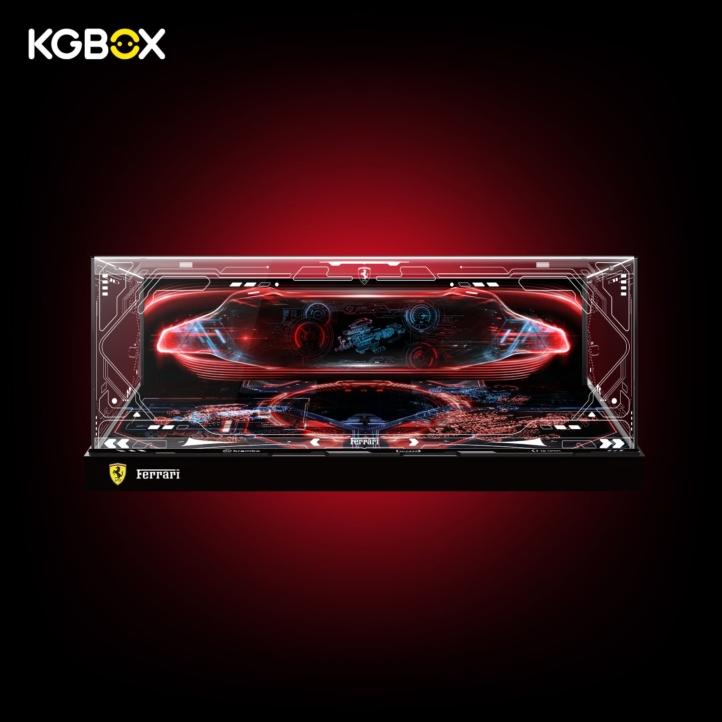 Empty Deluxe KGBOX tabletop acrylic display case custom-sized for LEGO 42143 Ferrari Daytona SP3