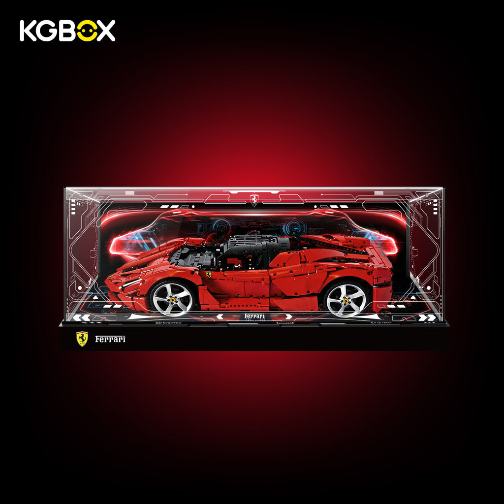 KGBOX Deluxe Version display case for LEGO 42143 Ferrari Daytona SP3, one-piece style acrylic showcase with built-in LED lighting