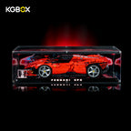KGBOX Premium Version display case for LEGO 42143 Ferrari Daytona SP3, lit front view with red supercar model inside