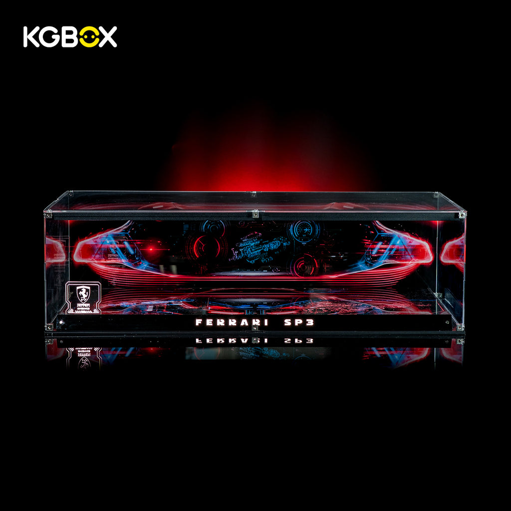 Premium KGBOX display case for LEGO 42143 Ferrari Daytona SP3, front view with LED lights on