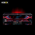 Premium KGBOX display case for LEGO 42143 Ferrari Daytona SP3, front view with LED lights on