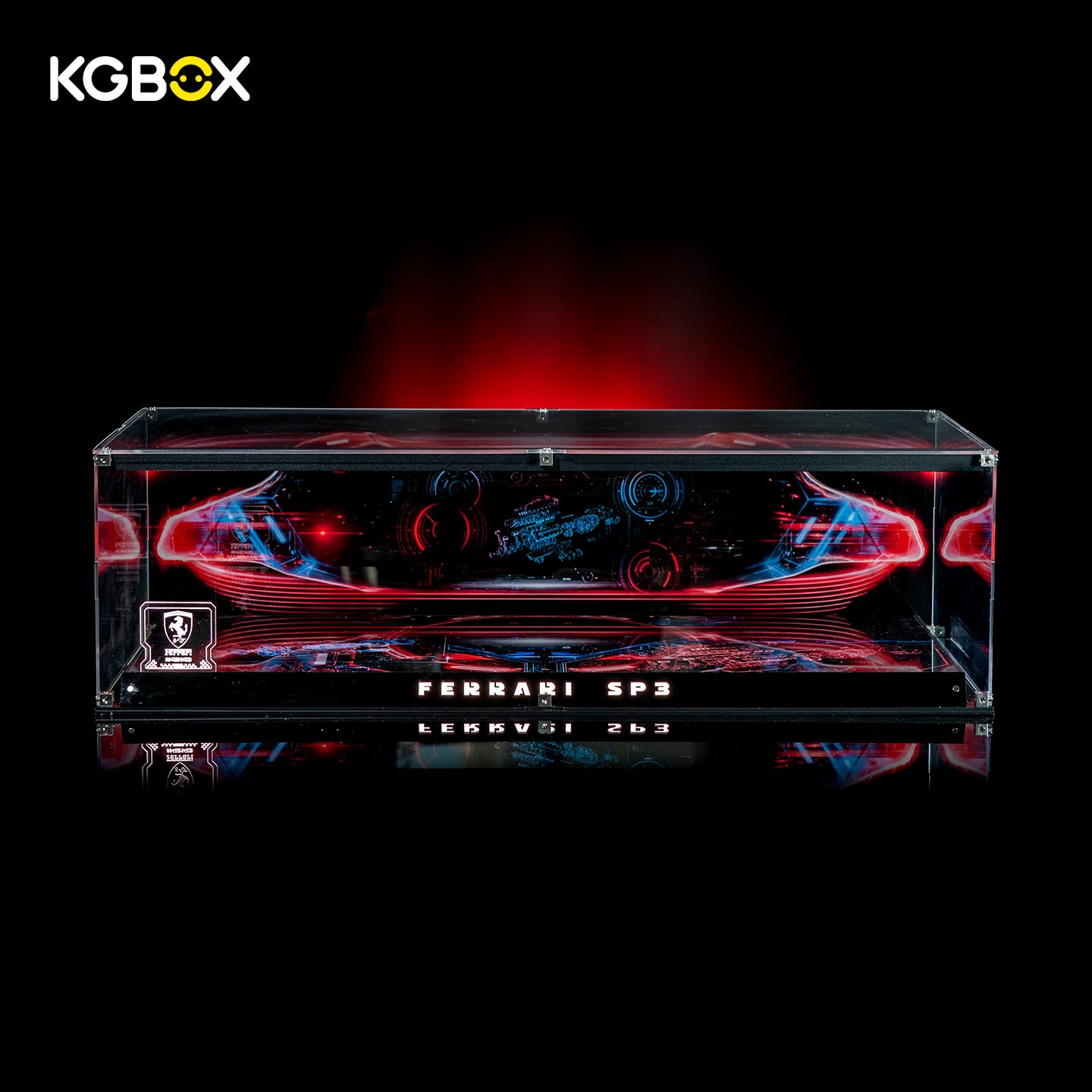 Premium KGBOX display case for LEGO 42143 Ferrari Daytona SP3, front view with LED lights on