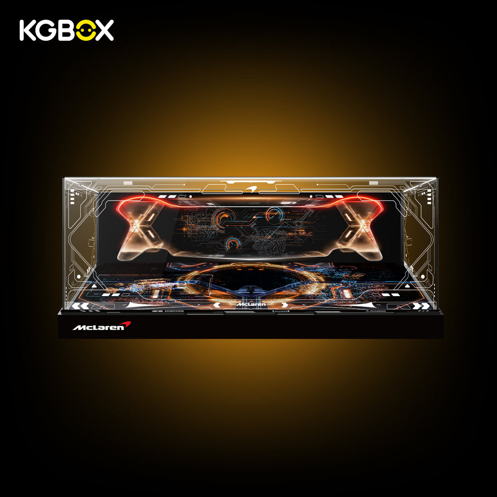 Empty Deluxe KGBOX tabletop acrylic display case custom-sized for LEGO 42172 McLaren P1